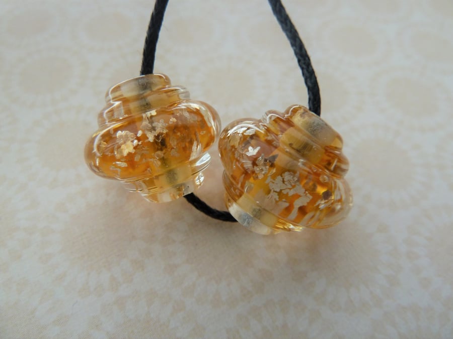handmade gold glitter lampwork glass bead pair