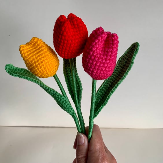  tulips, crochet flowers, mini bouquet of 3 jewel coloured tulips