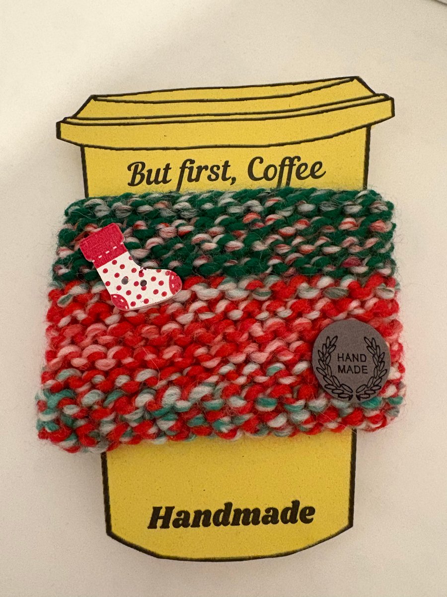 Christmas stocking knitted cup cosy. 