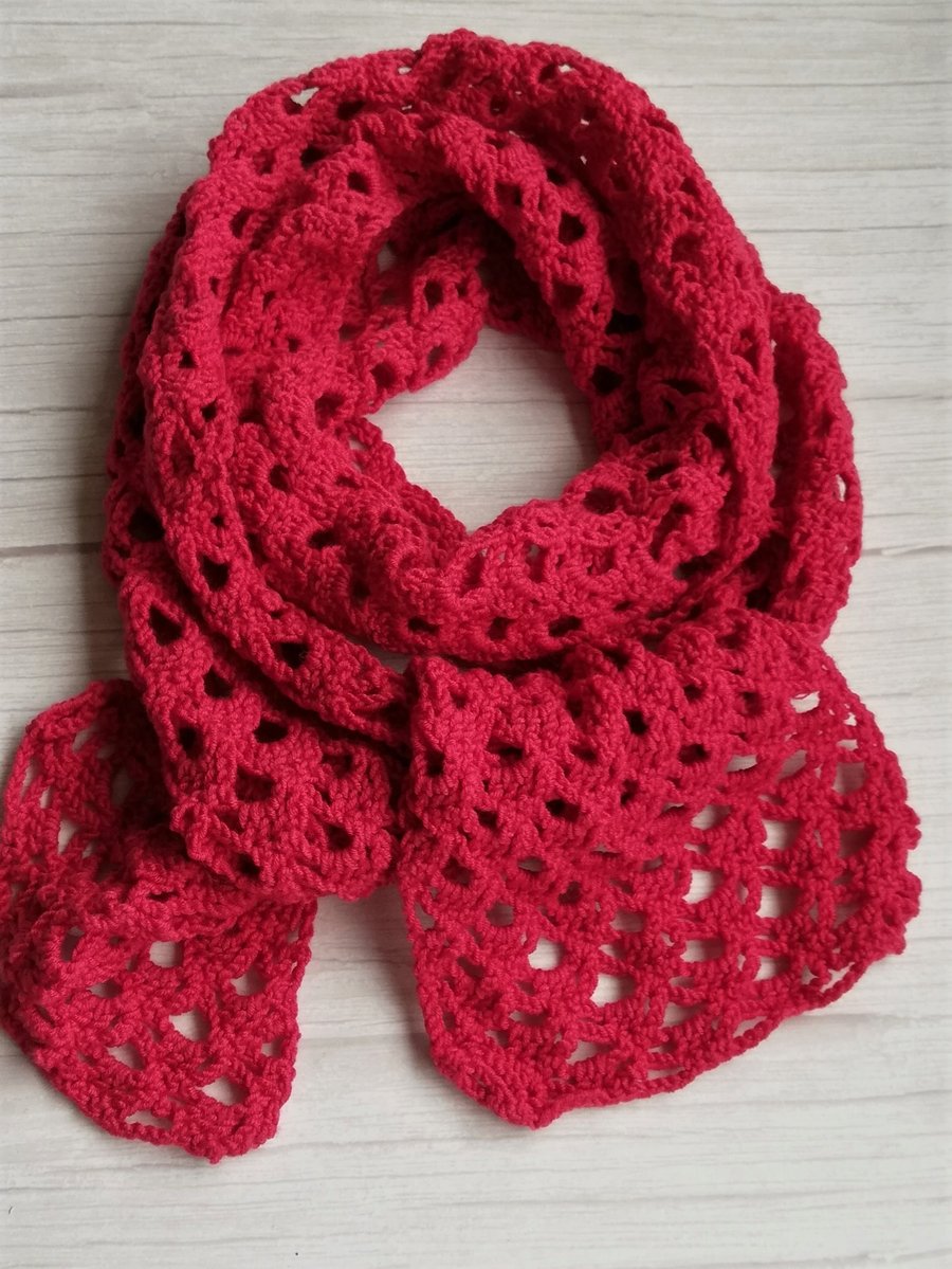 Jaeger merino wool, Crochet Scarf in Dark pink