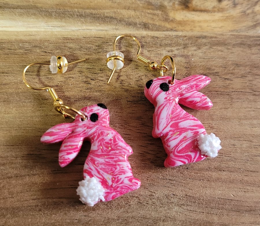 Handmade Polymer Clay Pink and Gold Rabbit Earrings, 316 Stainless Steel
