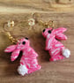 Handmade Polymer Clay Pink and Gold Rabbit Earrings, 316 Stainless Steel