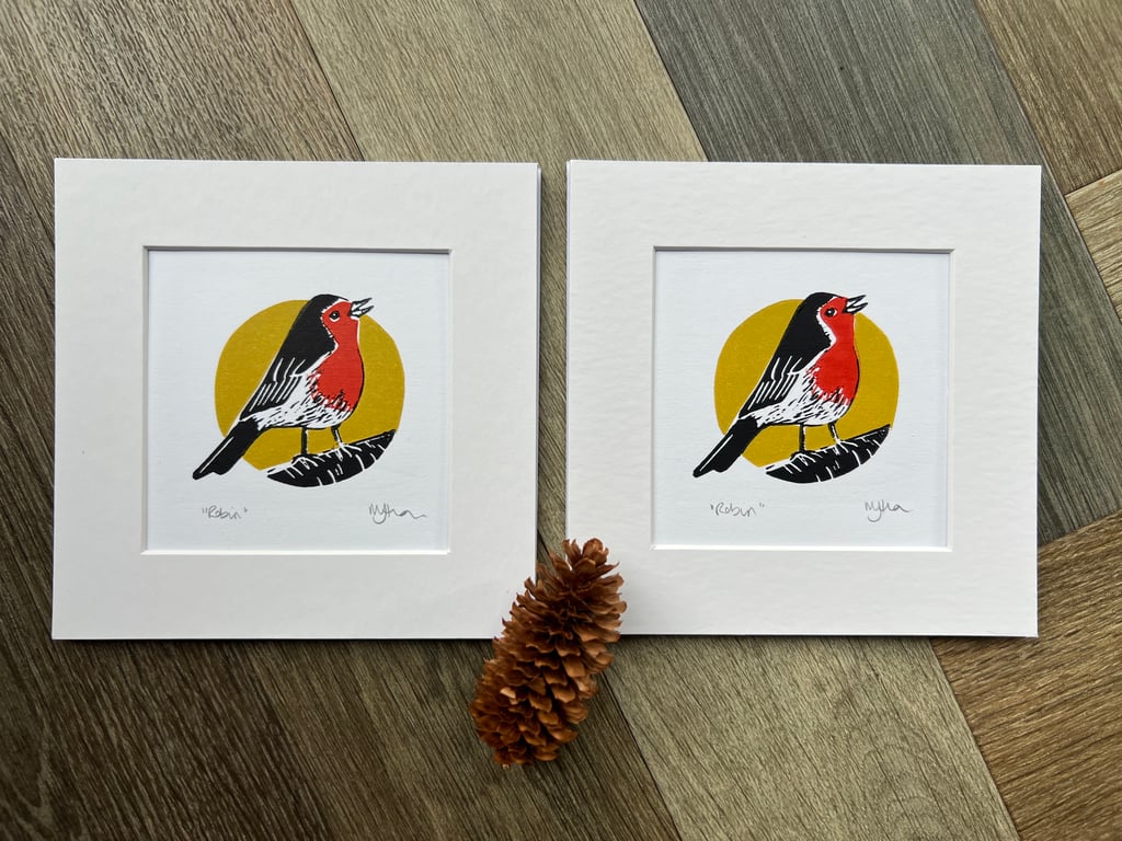 Robin Original Handmade Lino Print Mustard Background