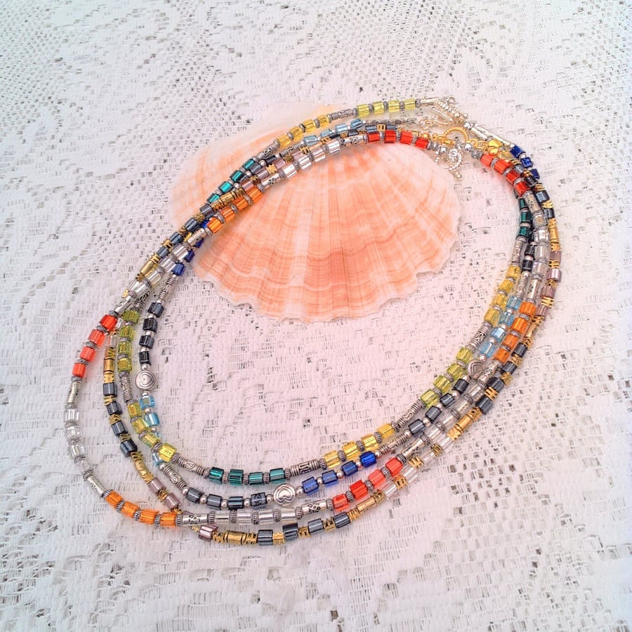 Necklace with Coloured Glass Cube Beads and Silver Plated Spacers, Gift for Her