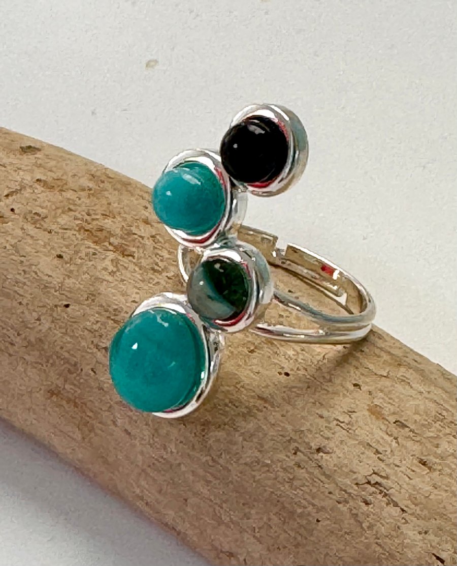 Sea inspired adjustable ring with kiln formed fused glass cabochons