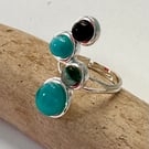 Sea inspired adjustable ring with kiln formed fused glass cabochons