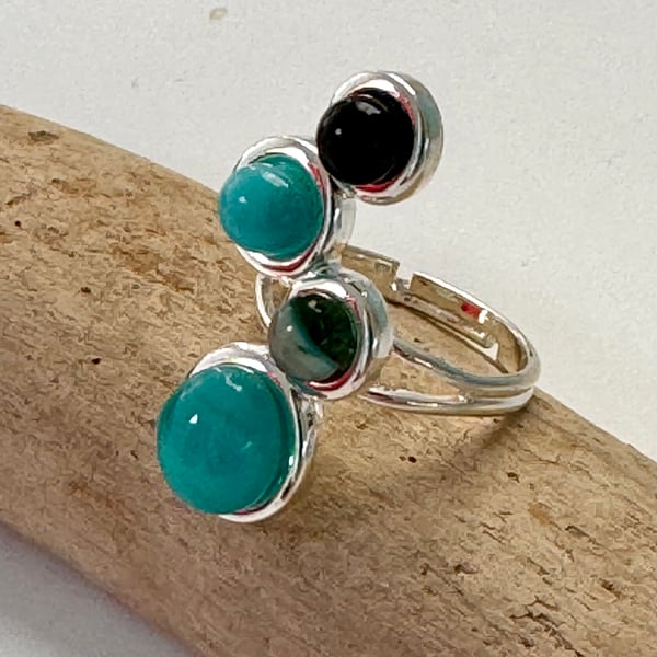 Sea inspired adjustable ring with kiln formed fused glass cabochons