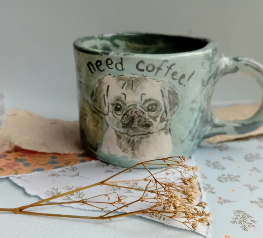 Small pug mug, hand painted earthenware ceramic, organic shape, crackle glaze