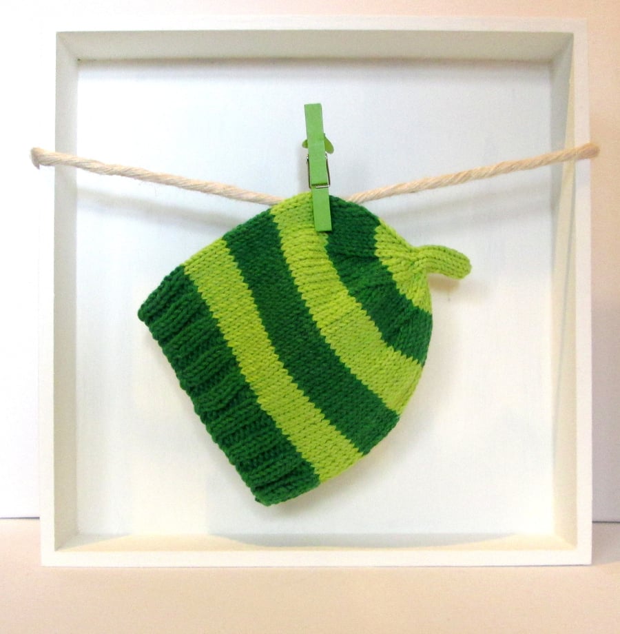 Baby Hat in Dark Green & Lime Green Stripes Size 3 - 6 Months 