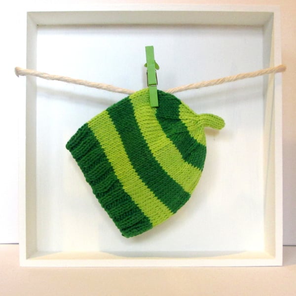 Baby Hat in Dark Green & Lime Green Stripes Size 3 - 6 Months 