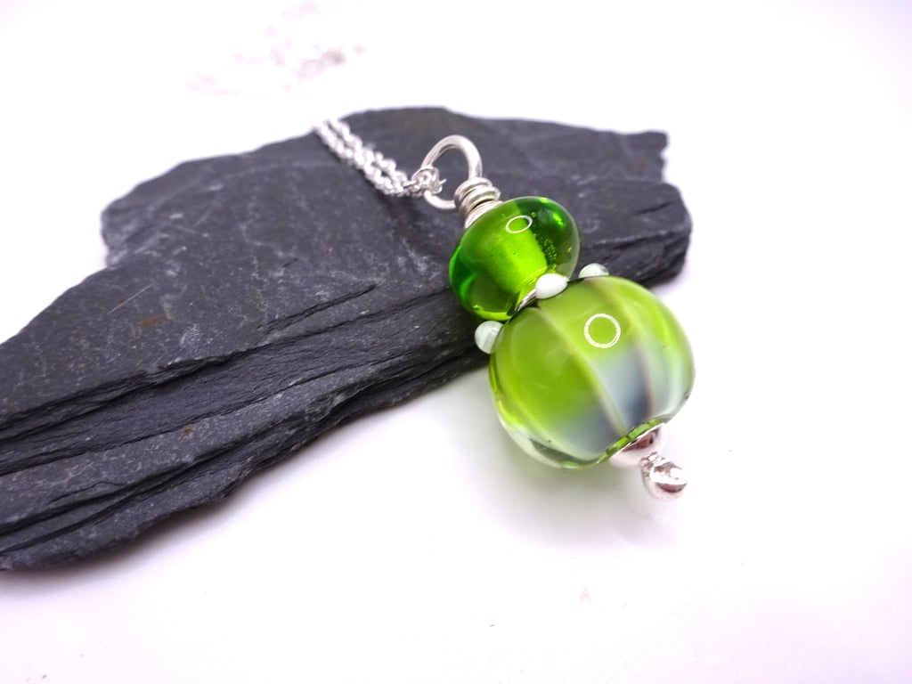 lampwork glass green pendant, sterling silver chain necklace
