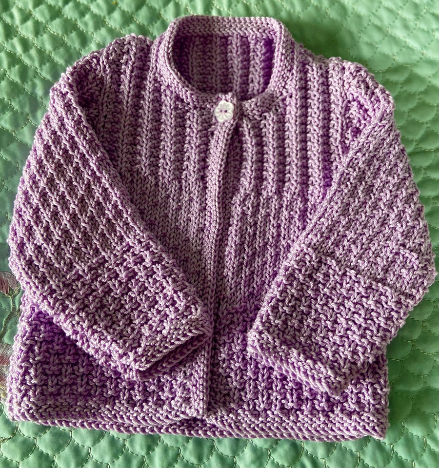 Pretty hand knitted lilac cotton knit baby cardigan size 6 to 12 month