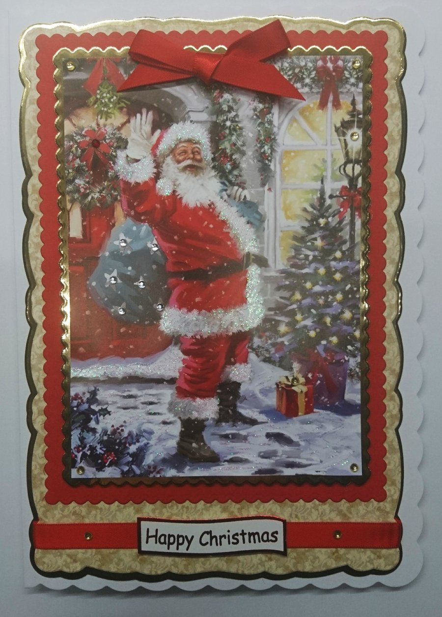 Handmade Christmas Card Santa Delivering a Big Sack of Presents