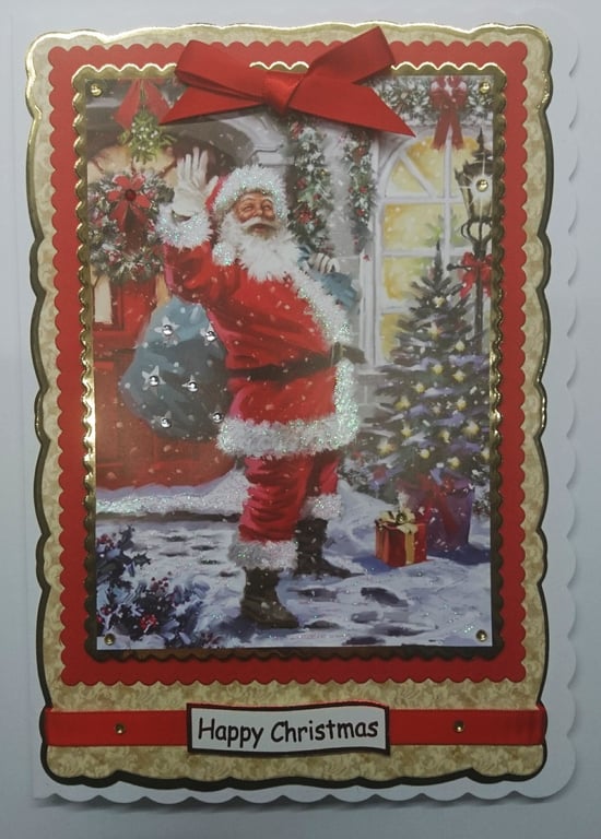 Handmade Christmas Card Santa Delivering a Big Sack of Presents