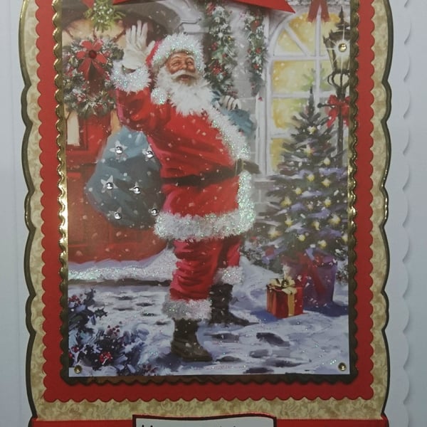 Handmade Christmas Card Santa Delivering a Big Sack of Presents