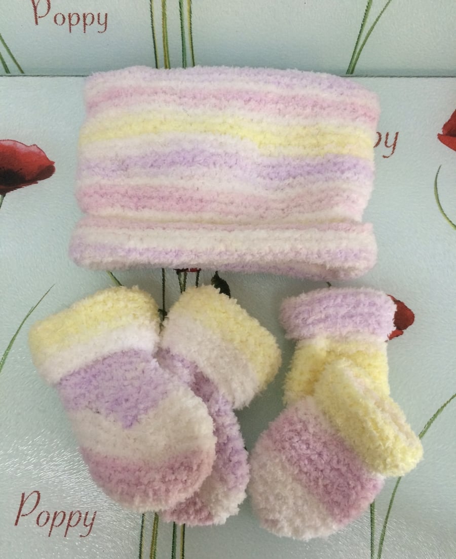 Hand Knitted Baby Hat Mittens and Booties Set Pastel Stripes Poppy Kay Designs
