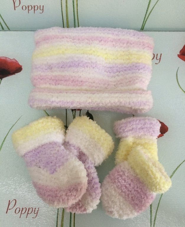 Hand Knitted Baby Hat Mittens and Booties Set Pastel Stripes Poppy Kay Designs