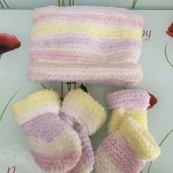 Hand Knitted Baby Hat Mittens and Booties Set Pastel Stripes Poppy Kay Designs