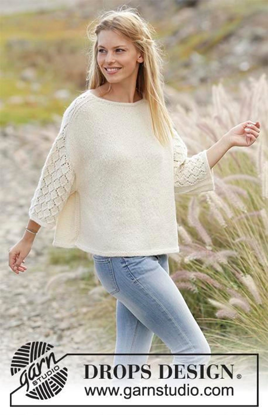 Hand knitted ladies jumper sweater with short length lacy knit sleeves - knit 