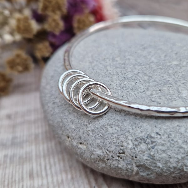 Sterling Silver Round Hammered Bangle with Four Rings, 40th Birthday, 4 Decades