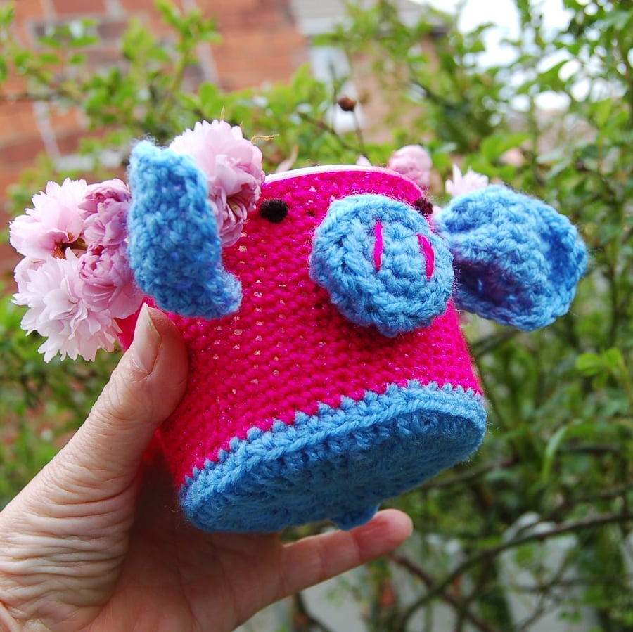Seconds Sunday - Crochet basket, Cute bright pink pig basket or jar cover
