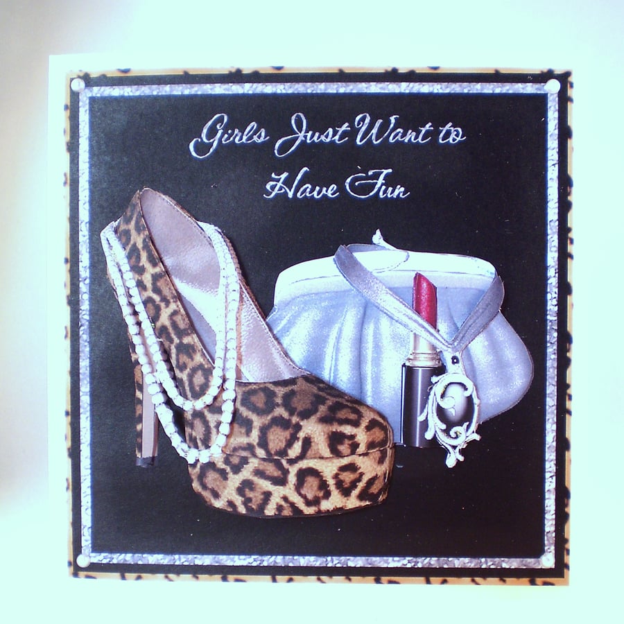 Handmade Leopard Print Shoes and Handbag Girly Greetings Card,3D,Decoupage