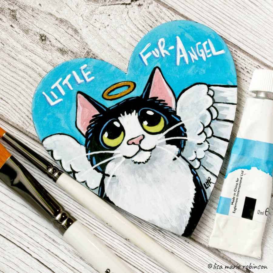 Little Fur-Angel Tuxedo Cat - Hand Painted Heart Shaped Magnet