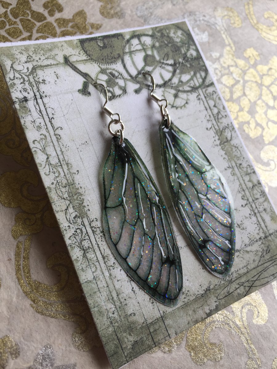 Black Green Glittery Fairy Wing Sterling Silver Earrings