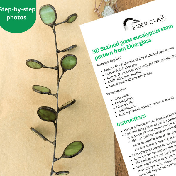 Stained Glass Pattern for 3D Eucalyptus Stem, Instructions, PDF Digital File