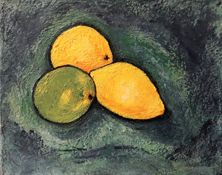 Contemporary Fruit Still Life Painting with Lemons and Lime 10" x 8"