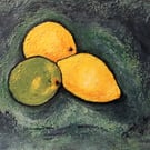 Contemporary Fruit Still Life Painting with Lemons and Lime 10" x 8"