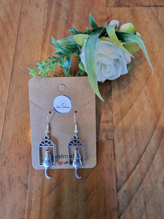 Antique Silver Toned Cat in the Window Drop Earrings