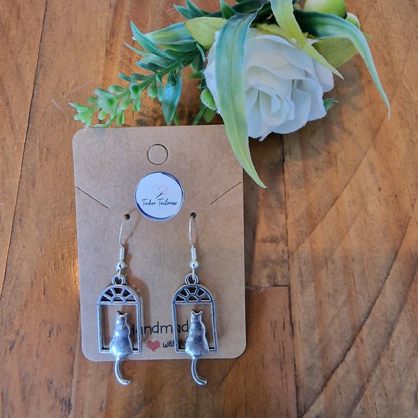 Antique Silver Toned Cat in the Window Drop Earrings