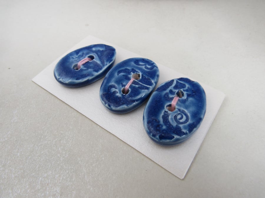 3 Medium Oval Ice Blue Brocade Pattern Ceramic Buttons