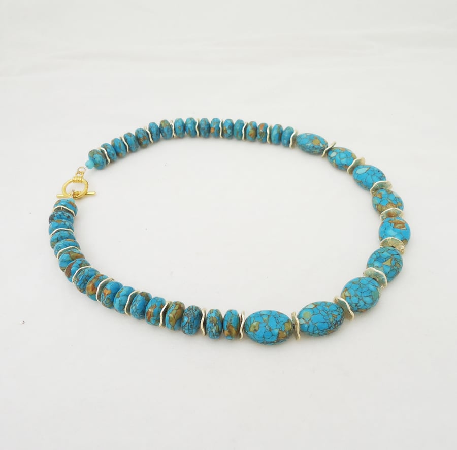 Howlite Necklace with Gold Disk, Blue and Gold Necklace, Gemstone Necklace