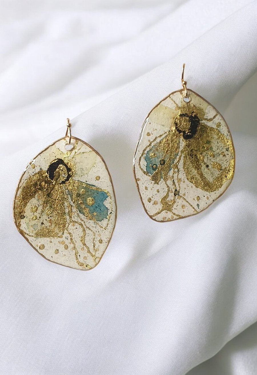 Large Lightweight Blue Gold Statement Artistic Earrings