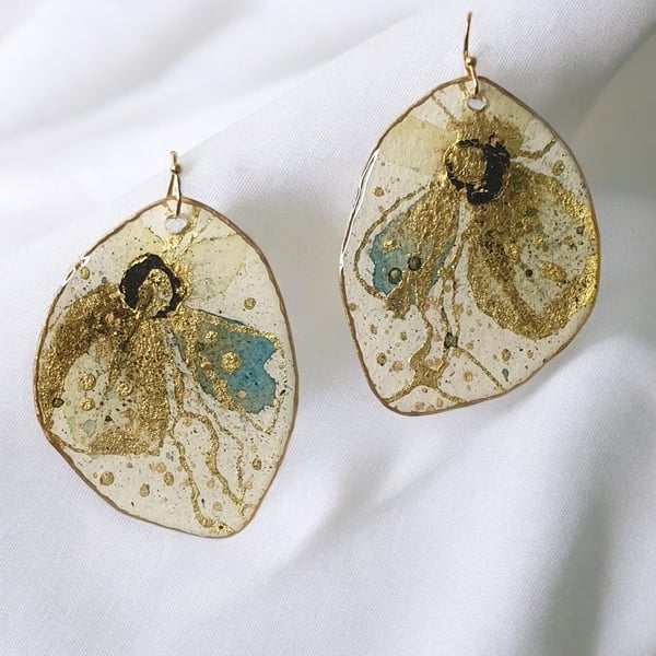 Large Lightweight Blue Gold Statement Artistic Earrings