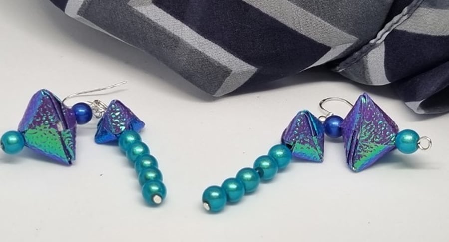 Origami earrings  blue pearlescent paper and miracle beads 