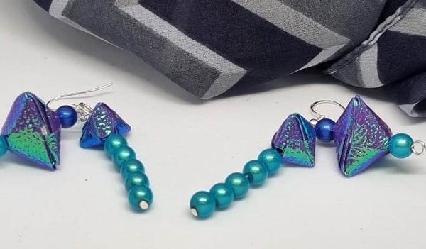 Origami earrings  blue pearlescent paper and miracle beads 