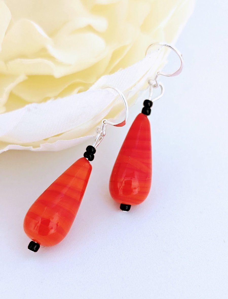 Satsuma Orange Murano Glass Earrings: Sterling Silver Ear Hooks