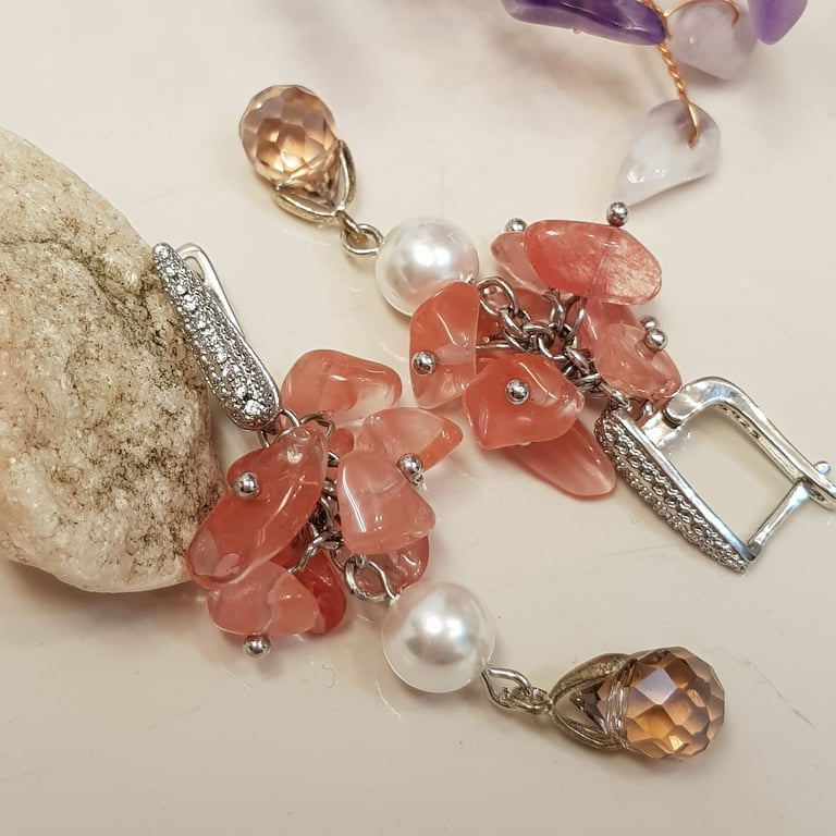 Rose quartz and pearl drop earrings, handmade gift for her