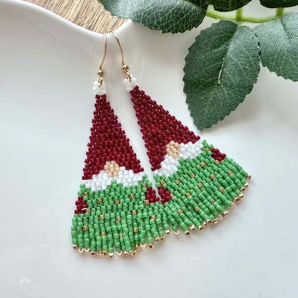 Handmade Christmas tree snow-gnome fringe earrings
