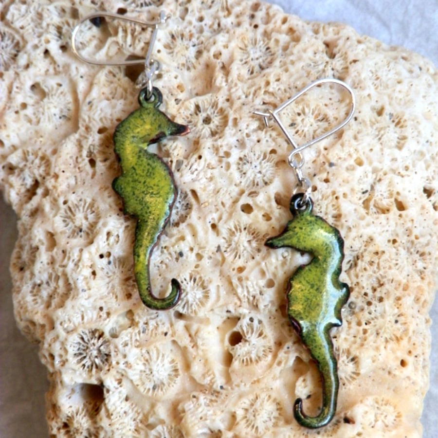 green and yellow seahorse earrings