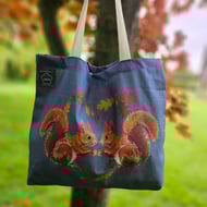 Red Squirrel printed cotton gusseted tote bag, organic cotton, reusable bag