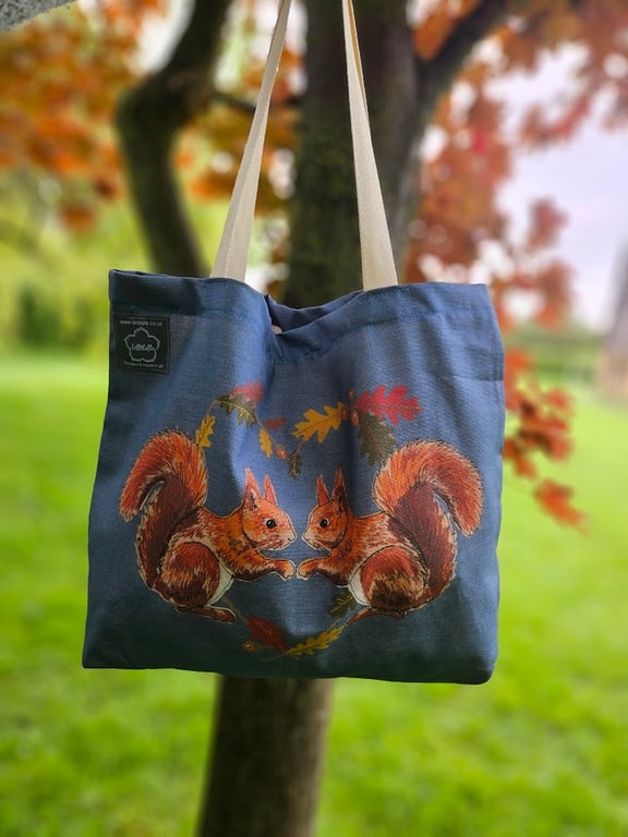 Red Squirrel printed cotton gusseted tote bag, organic cotton, reusable bag