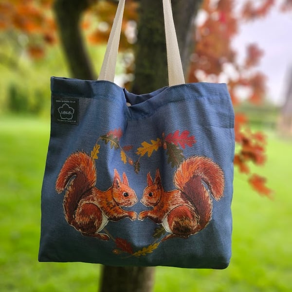 Red Squirrel printed cotton gusseted tote bag, organic cotton, reusable bag