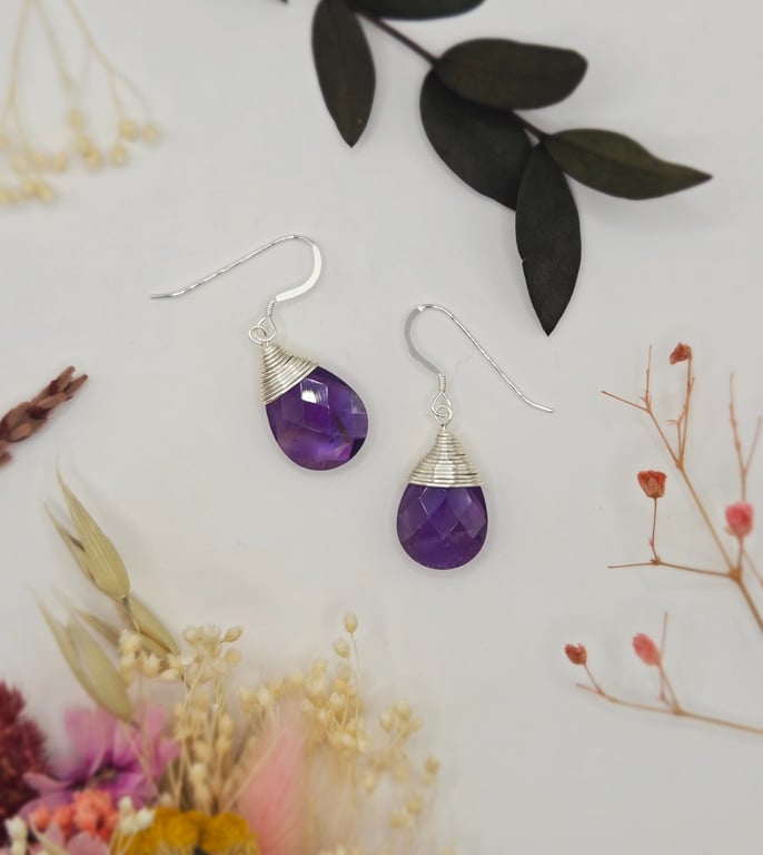 Faceted Amethyst Teardrop Earrings, Wrapped with Silver Wire, Sterling Silver