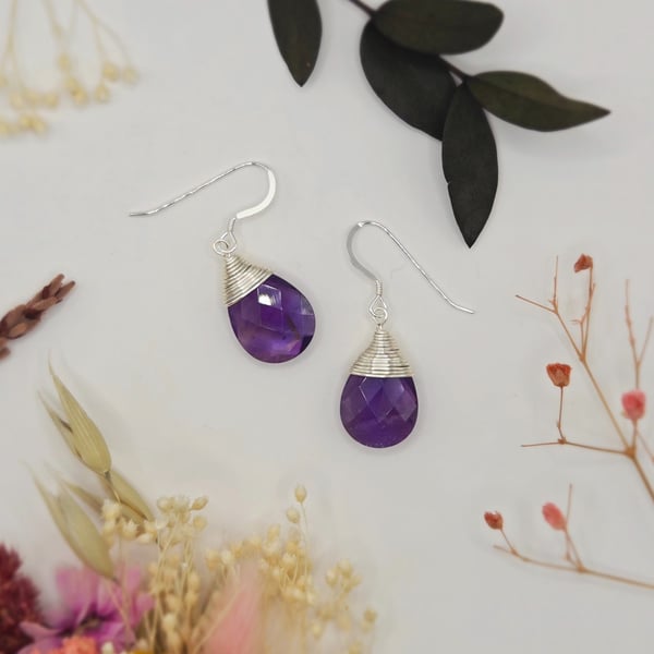 Faceted Amethyst Teardrop Earrings, Wrapped with Silver Wire, Sterling Silver