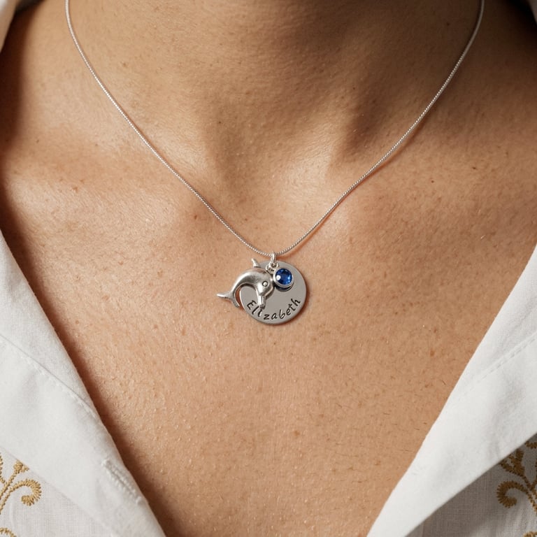 Personalised Necklace with Dolphin and Birthstone - Gift Boxed  Free Delivery