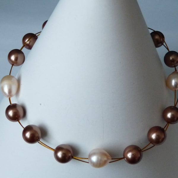 Freshwater Pearl & Shell Pearl Bracelet - Genuine Gemstone - Handmade